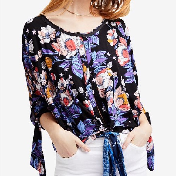 Free People Keepin' On Tee Tropical Floral Print Long Sleeve Blouse - Picture 3 of 8